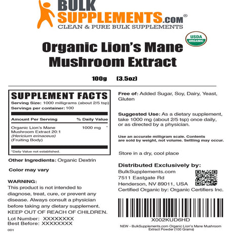 Bulksupplements.Com Lion'S Mane Mushroom Extract Powder, 1000Mg - Memory Boosting Supplement (100G - 100 Servings)