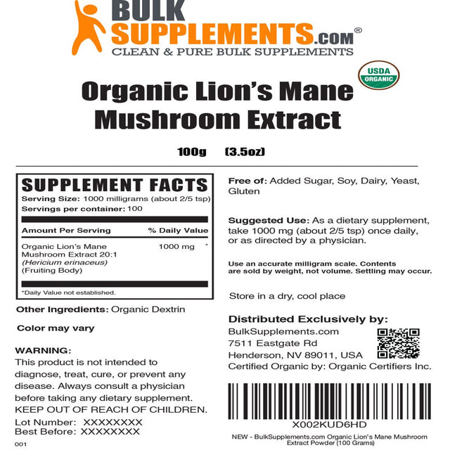 Bulksupplements.Com Lion'S Mane Mushroom Extract Powder, 1000Mg - Memory Boosting Supplement (100G - 100 Servings)