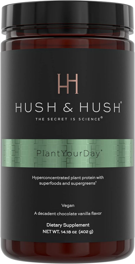 Hush & Hush Plantyourday - Vegan Protein Powder - Supergreens, Superfruits, Superfoods - Low Calorie - Prebiotics & Probiotics - 14.18 Ounce (Pack of 1)