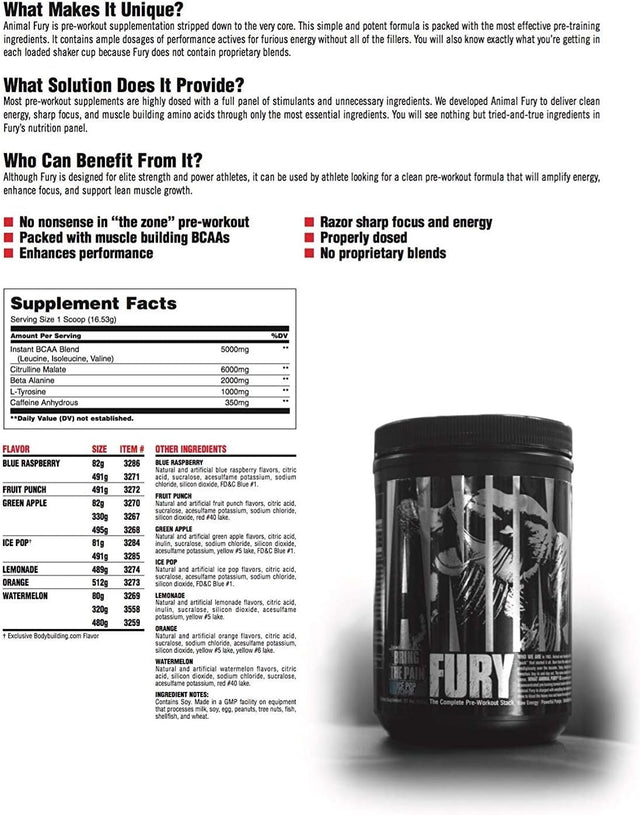 Animal Fury - Pre Workout Powder Supplement for Energy and Focus - 5G BCAA, 350Mg Caffeine, Nitric Oxide, without Creatine - Powerful Stimulant for Bodybuilders - Ice Pop, 30 Count