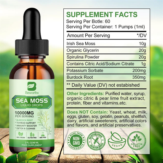 Beworths Organic Sea Moss Liquid Drops 10000Mg - 5X Stronger than Gummy & Capsules - Joint, Digestion, Thyroid Immunity Essential Support - 60Ml