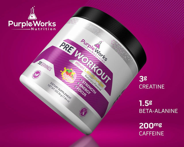 Purpleworks Pre-Workout for Men and Women, Made in USA, Vitamin D for Muscle & Immune Health, Creatine & Beta-Alanine for Strength, Caffeine & B Vitamins for Energy & Focus, Pink Lemonade