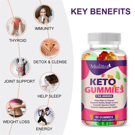 Mulittea Keto ACV Gummies 60 Count for Detox & Cleanse - Weight Loss & Immune Support - 150,000Mg per Serving