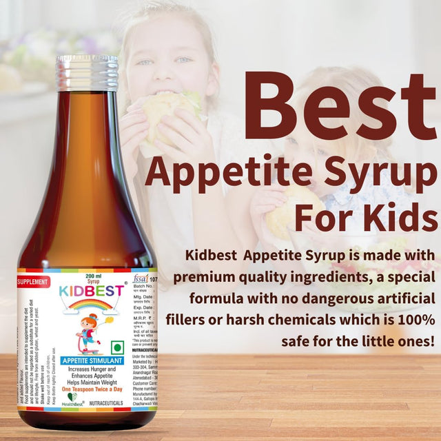 Kidbest Appetite Stimulant Syrup for 3-13 Yrs Kids | Increase Hunger | Helps Maintain Weight | Gluten Free | L-Lysine Hci,Vitamins B1,B2,B6,B12 | 200 Ml