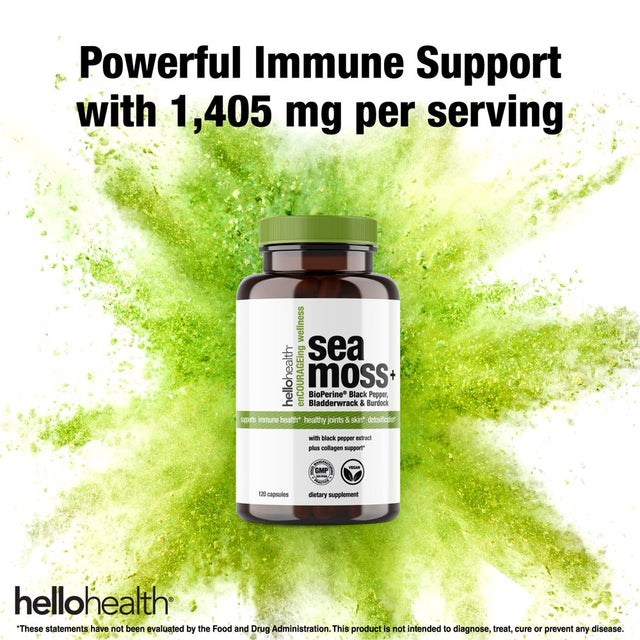 Hello Health Organic Irish Sea Moss - Bioperine Super Food for Immune Support -Thyroid Support - Gut, Skin & Joint Health - 120 Capsules