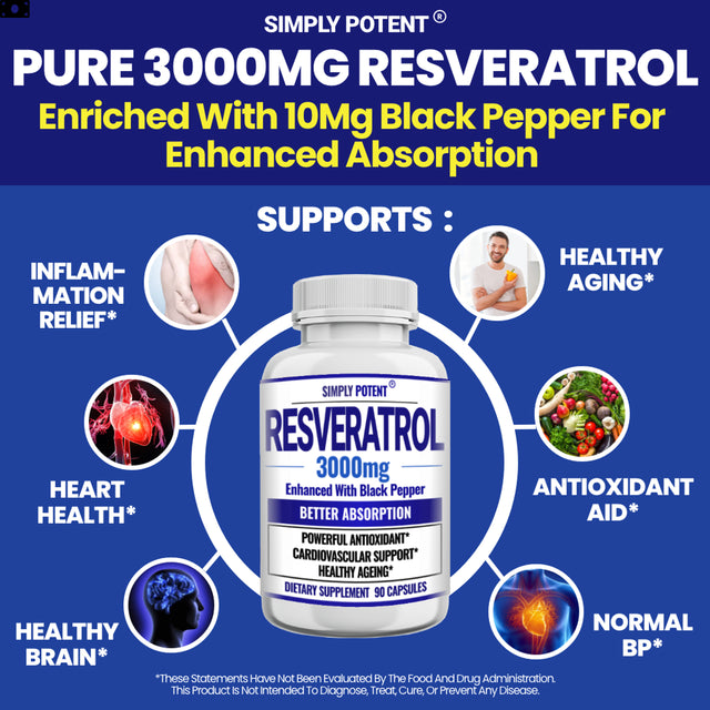 Resveratrol 3000Mg Supplement, Max Strength 3X Resveratrol 1000Mg, 90 Caps 3 Mon Supply, Enhanced with Black Pepper for Max Absorption, Powerful Antioxidant & Anti-Aging Pills for Heart, Immune & Skin