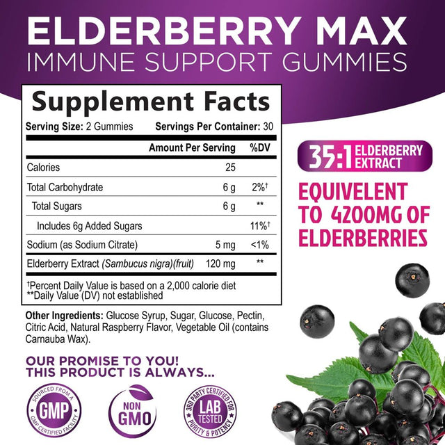 Nature’S Sambucus Elderberry Gummies, Immune Support for Kids and Adults, Max 35:1 Extract, Equivalent to 4200Mg of Elderberries, Black Elderberry Vitamin Supplement, Vegan, Non-Gmo - 60 Gummies