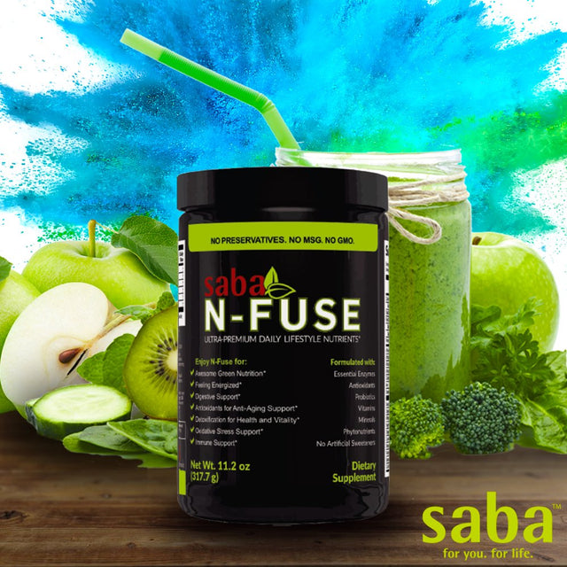 Saba N-Fuse-Supper Foods-Phytonutrients, Super Fruits, Pre & Probiotics, Enzymes, Adaptogens, Antioxidants-Eliminate Toxins, Gas. Provides Digestive Support, Boost, Immune System & Energy-30 Servings