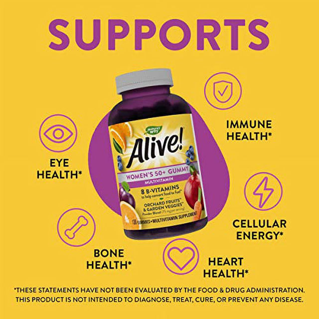 Nature'S Way Alive! Womenâ€™S 50+ Gummy Multivitamins, Supports Multiple Body Systems, Supports Cellular Energy, B-Vitamins, Gluten-Free, Vegetarian, Mixed Berry Flavored, 130 Gummies