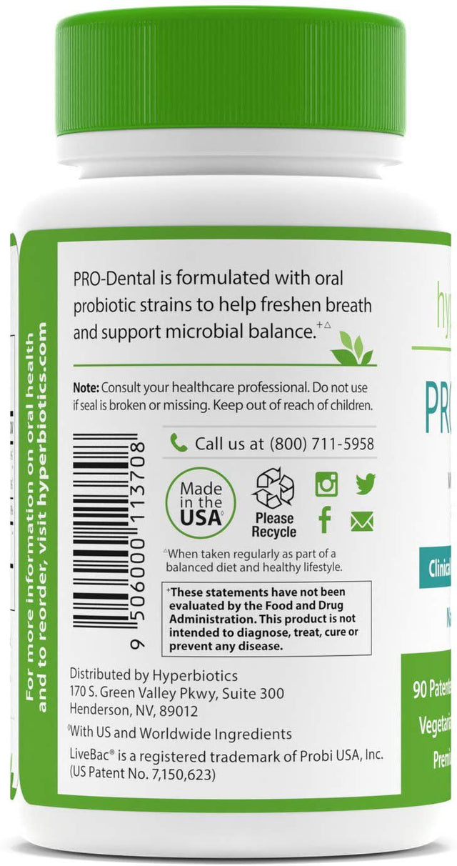 Hyperbiotics Pro-Dental W/ 4 Targeted Strains & Chelated Zinc - Clinically Studied for Oral Health - Natural Mint Flavor - 90 Livebac Chewable Tablets