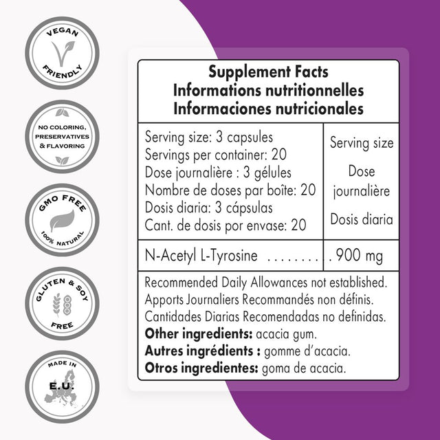 Supersmart - N-Acetyl L-Tyrosine (NALT) 900 Mg per Day - Nootropics Supplement - Mood Support | Non-Gmo & Gluten Free - 60 Vegetarian Capsules