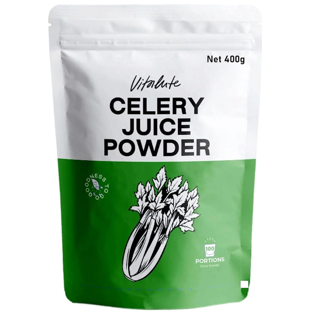 Vitalute Celery Powder Juice - 400G/100 Servings - Detox to Boost Immune System, Increase Energy, and Support Gut Health - Rich in Immune Vitamin C, Minerals & Antioxidant, Vegan Super Green Powder