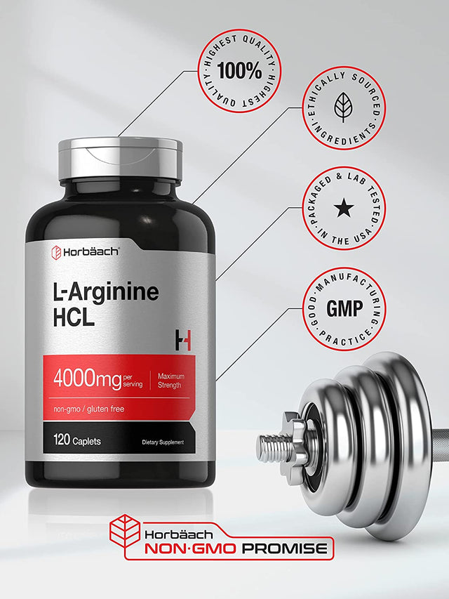 L-Arginine 4000Mg | 120 Caplets | Maximum Strength Nitric Oxide Precursor | Vegetarian, Non-Gmo, Gluten Free Supplement | by Horbaach