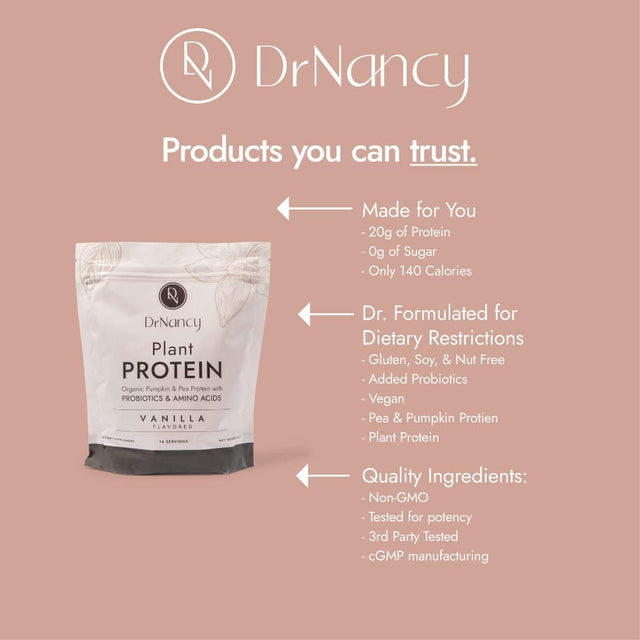 Plant Protein Vanilla by Dr. Nancy MD (14 Servings, 33.3G), 20G Pea and Pumpkin Protein, with Added L-Glutamine & Probiotics