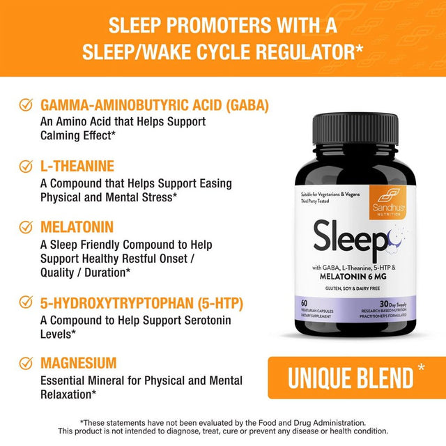 Sandhu'S Sleep Support Capsules, 6MG Melatonin With, GABA, L-Theanine, 5-HTP & Magnesium, 60 Counts