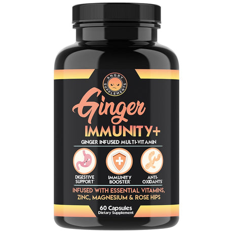 Angry Supplements Ginger Infused Multivitamin, Digestive Support, Immune System Booster Capsules Infused with Zinc, Magnesium, Rose Hips + Vitamins C, B6, D3 (1-Bottle)