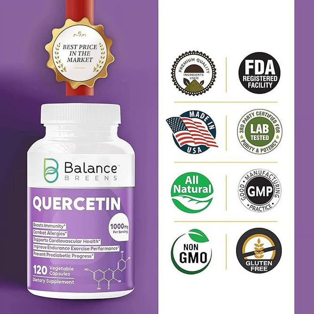 Balance Breens Quercetin 1000Mg Supplement - Supports Cardiovascular Health, Immune Response & Allergy Support - 120 Vegetable Non-Gmo Capsules