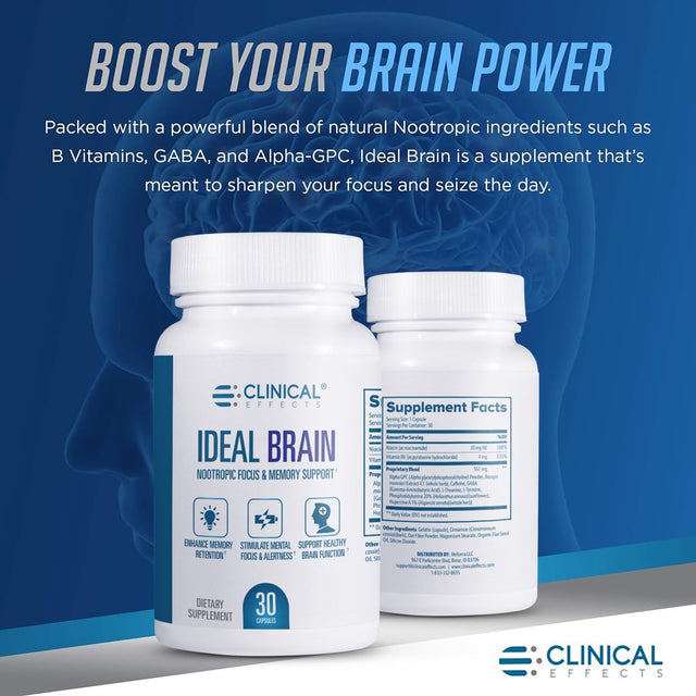 Clinical Effects Ideal Brain - Dietary Supplement for Nootropic Focus and Memory Support - 30 Capsules - B Vitamins, GABA, Alpha-Gpc - Helps Support Mental Focus, and Optimal Brain Function