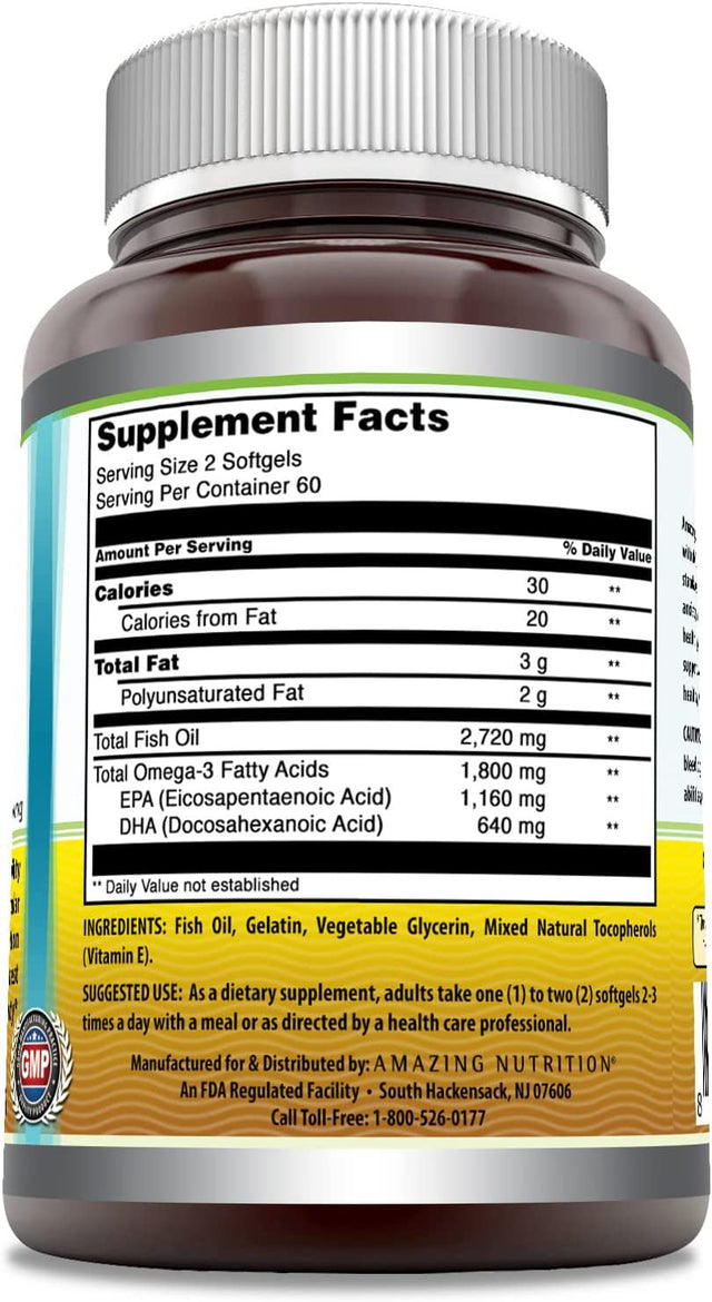 Amazing Omega Triple Strength Fish Oil 1360 Mg, Lemon Flavor Softgels -Supports Heart, Joint & Brain Health -Superior Bioavailability & Molecular Distillation for Highest Purity(120 Count)