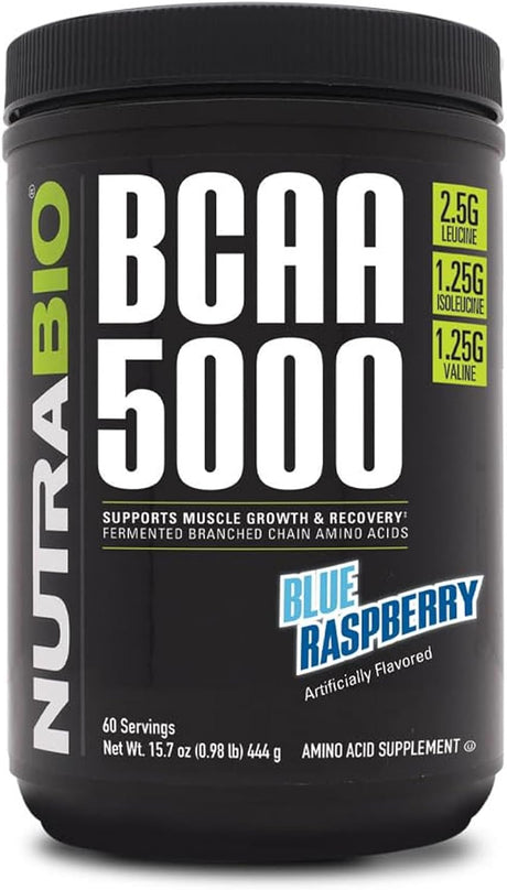 Nutrabio BCAA 5000 Powder - Vegan Fermented Bcaas - Supports Lean Muscle Growth, Recovery, Endurance - Zero Fat, Sugar, and Carbs - 60 Servings - Blue Raspberry