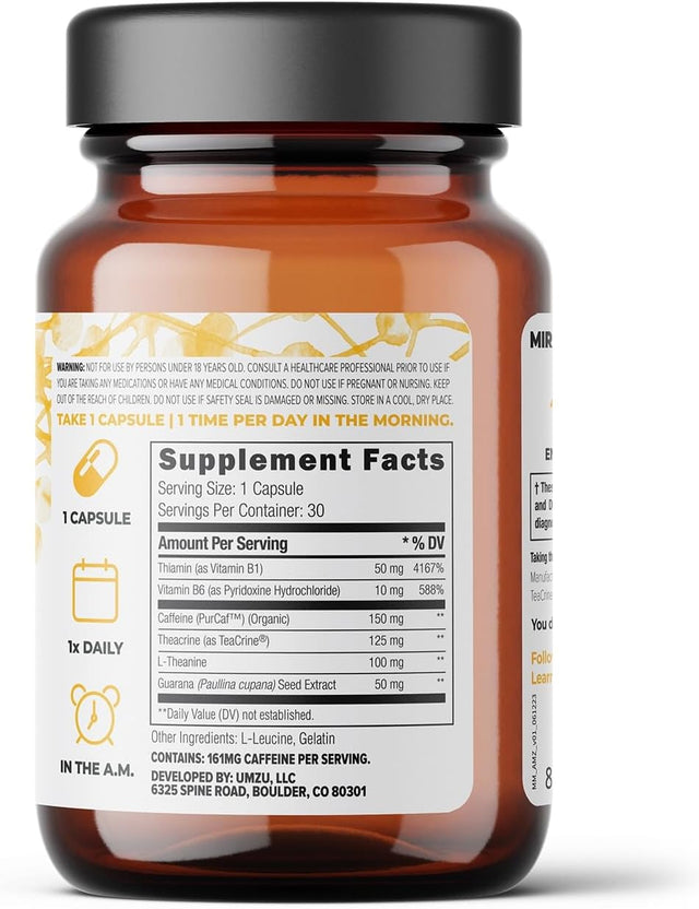 UMZU Miracle Morning - Natural Energy Supplements - with Caffeine, L-Theanine, Thiamin & More - Focus & Energy Pills - 30 Day Supply - 30 Capsules