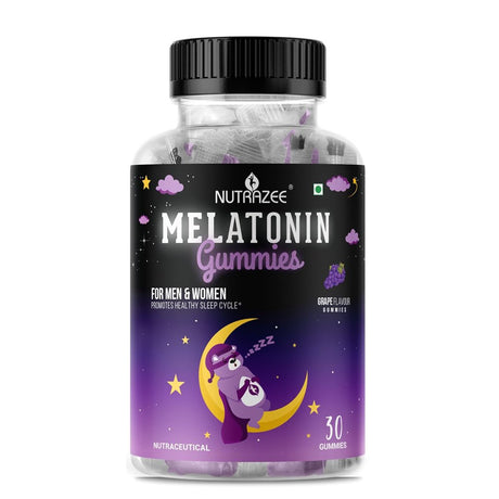 Nutrazee Melatonin Gummies 5Mg Supplement| No Added Sugar | Better & Restful Sleep | L-Theanine & Passionflower Extract | 30 Gummies