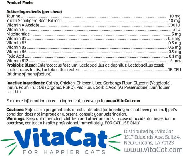 Vitacat Daily Multivitamin & Probiotics Cat Chews | Natural Supplement for Cats with Omega 3 | 90 Chicken Flavored Soft Chews | Made in the USA