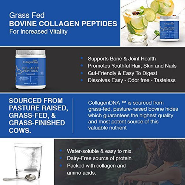 Premium Collagen Peptide Powder from Grass Fed Beef - 1 LB Unflavored, Odorless and Easy to Mix Hydrolyzed Protein Peptides (16 Oz, Beef Collagen)