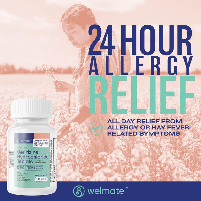 Welmate Allergy Relief | Cetirizine HCL 10 Mg | 100 Count Tablets | 24 Hour