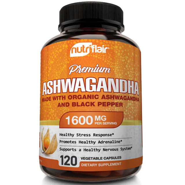 Nutriflair Organic Ashwagandha Root Powder 1950Mg, 180 Capsules - with Organic Black Pepper - Pure USDA Certified Ashwagandha Capsules - Mood Support, Stress and Anxiety Relief - Non-Gmo