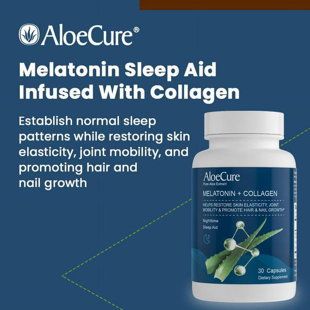 Aloecure Melatonin + Collagen, Natural Sleep Aid, for Men & Women, Natural Glow, Restores Skin Elasticity, Joint Mobility, Promotes Hair, Nail Growth, 2 Month Supply