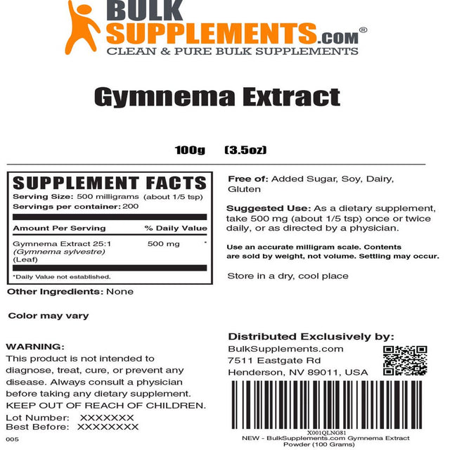 Bulksupplements.Com Gymnema Extract Powder, 500Mg - Supports Heart Health (100G - 250 Servings)