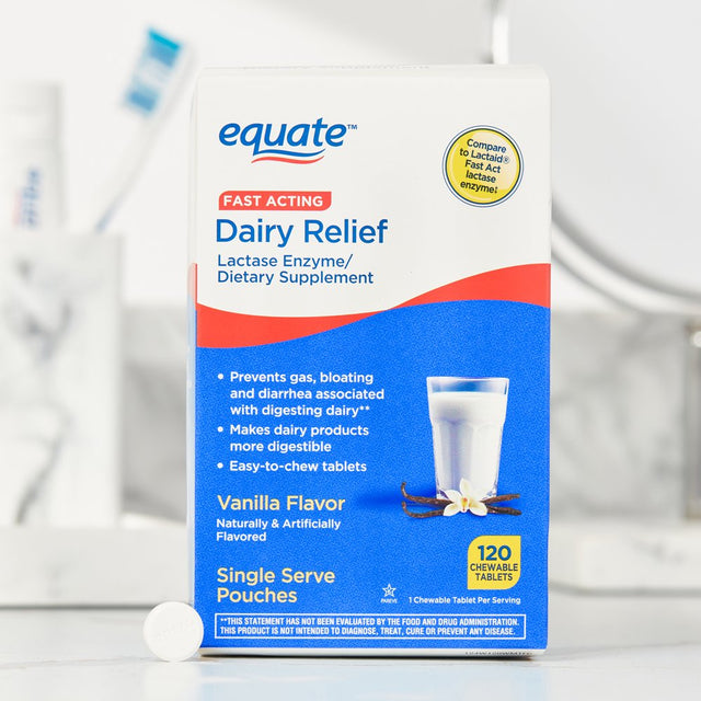 Equate Dairy Relief Chewable Tablet Dietary Supplement, Vanilla Flavor, over the Counter, 120 Count