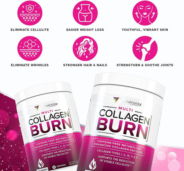 Vitauthority Multi Collagen Burn - Metabolism Support & Cellulite Smoothing Collagen Peptides Powder Unflavored with Vitamin C - Hydrolyzed Collagen for Weight Loss Powder for Women 30 Servings