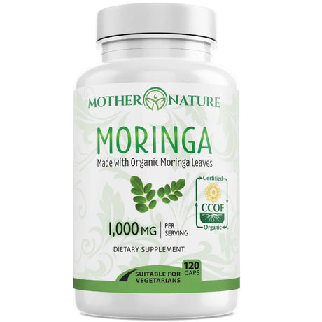 Moringa Capsules 1000Mg, Organic Certified Moringa Leaves Powder - Greens Superfood Powder Herbal Supplement - Energy, Focus, Lactation Support, Vitamin C for Immune Support - Vegan, Non-Gmo (120 )