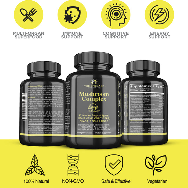 Mushroom Complex Capsules, 10In1 Nootropic Mushrooms with Lion'S Mane, Cordyceps, Reishi, Maitake, Chaga, Turkey Tail, Shiitake Mushroom Supplements for Memory, Focus, Immune Support, Vegan, 60 Ct.