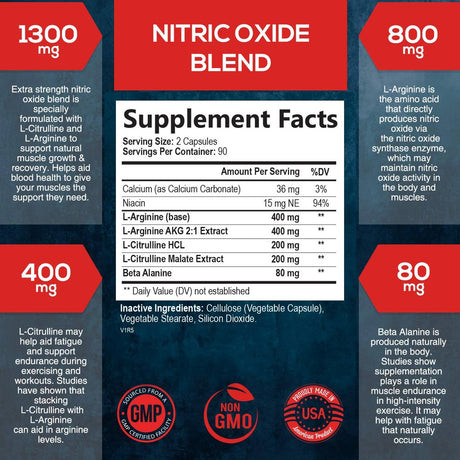 Extra Strength Nitric Oxide Supplement L Arginine 3X Strength - Citrulline Malate, AAKG, Beta Alanine - Premium Muscle Supporting Nitric Booster for Strength & Energy to Train Harder - 180 Capsules