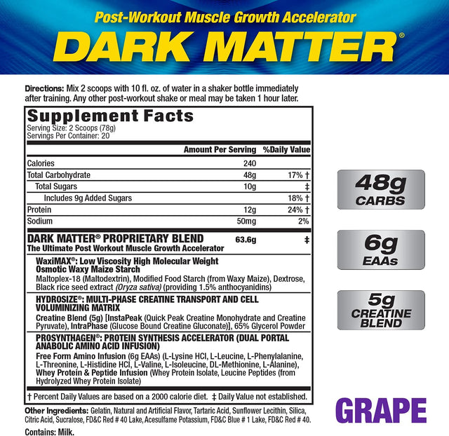 Maximum Human Performance MHP Dark Matter Post Workout, Muscle Building, Recovery, Multi Phase Creatine, Waxy Maize Carbohydrate, 6 G Eaas, Grape, 20 Servings, 55.04 Oz