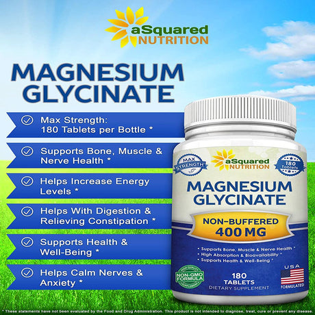 Magnesium Glycinate 400Mg - 180 Tablets - Max Strength Magnesium Bisglycinate Chelate Supplement - Maximum Bioavailability & Absorption - Non-Gmo - Supports Muscles, Bones & Heart