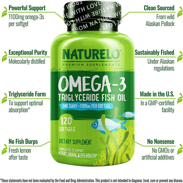 NATURELO Omega-3 Fish Oil Supplement - EPA + DHA - 1100 Mg Triglyceride Omega-3 per Gel - One a Day - for Heart, Eye, Brain, Joint Health - No Burps - Lemon Flavor - 120 Softgels | 4 Month Supply