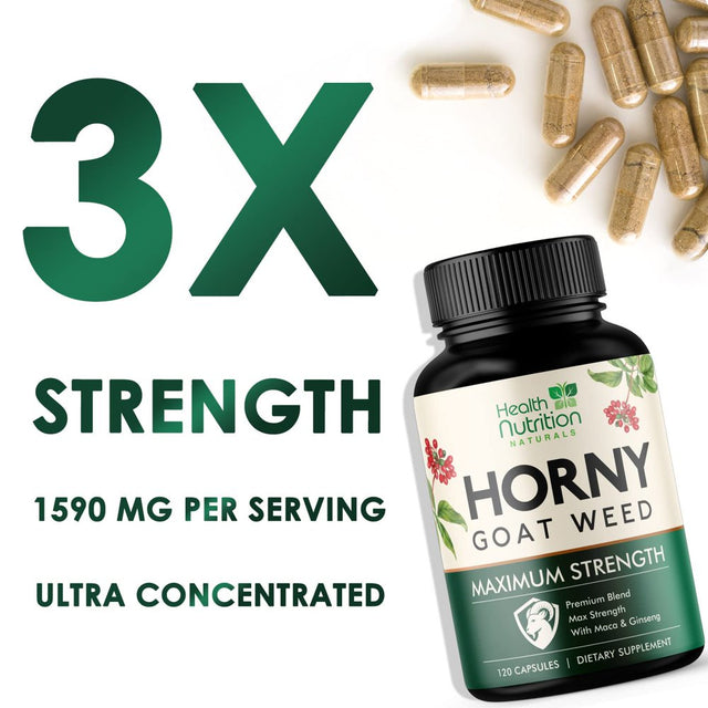 Extra Strength Horny Goat Extract for Men & Women - 1590Mg 3X Strength, Performance, Energy, Stamina with Maca, Saw Palmetto, Ginseng, L-Arginine & Tongkat Hornygoatweed Supplement - 120 Capsules