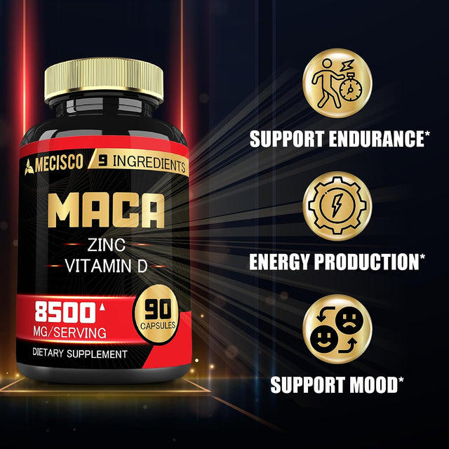 Maca Capsules - 9In1 Equivalent 8500Mg Blended with Zn, Vitamind, Ashwagandha, Ginseng, Saw Palmetto, Tongkat Ali & More - Muscle Growth, Endurance & Energy Support - 90 Count - 3 Month Supply