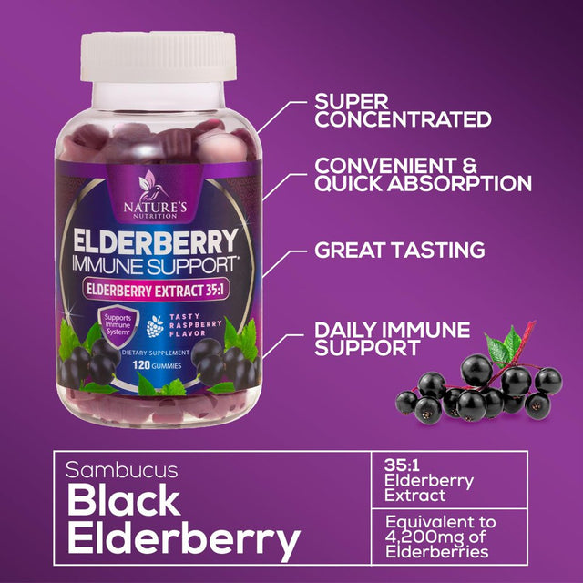 Nature’S Sambucus Elderberry Gummies, Immune Support for Kids and Adults, Max 35:1 Extract, Equivalent to 4200Mg of Elderberries, Black Elderberry Vitamin Supplement, Vegan, Non-Gmo - 120 Gummies