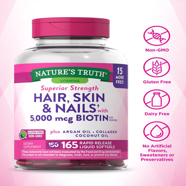 Hair Skin and Nails Vitamins | 165 Softgels | Extra Strength | plus Biotin, Collagen, Argan Oil and Coconut Oil | Non-Gmo and Gluten Free Supplement | by Nature'S Truth