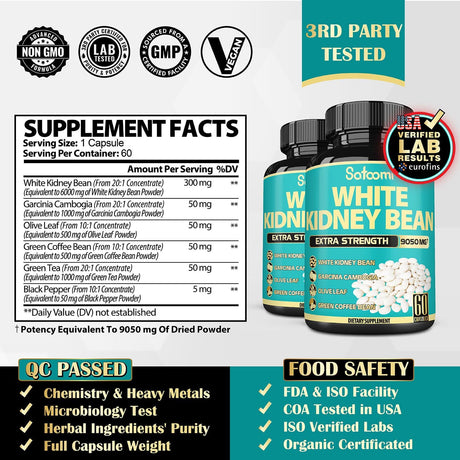 𝟲𝗶𝗻𝟭 White Kidney Bean Extract Pills- Equivalent to 𝟵𝟬𝟱𝟬𝗺𝗴 of 6 Herbs - Support Body Building, Starch, and Form Management for Women & Men - 2 Packs 60 Caps for 4 Months