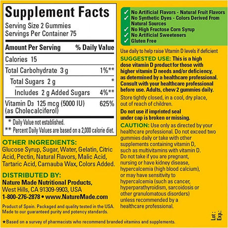 Nature Made Extra Strength Vitamin D3 125 Mcg, 150 Gummies