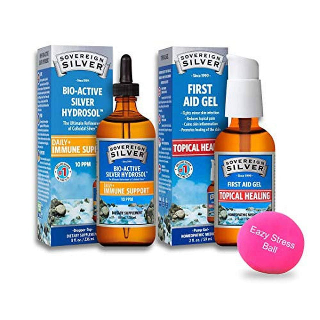 Sovereign Silver Bio-Active Silver Hydrosol for Immune Support - 10 Ppm, 8Oz (236Ml) Dropper plus 2Oz First Aid Gel - Homeopathic Medicine - plus Stress Ball