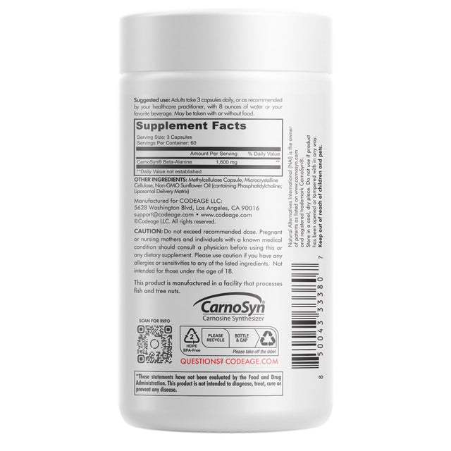 Codeage Liposomal Beta-Alanine Supplement, Carnosyn Beta Alanine 1600 Mg, Amino Acid Sports, 180 Ct