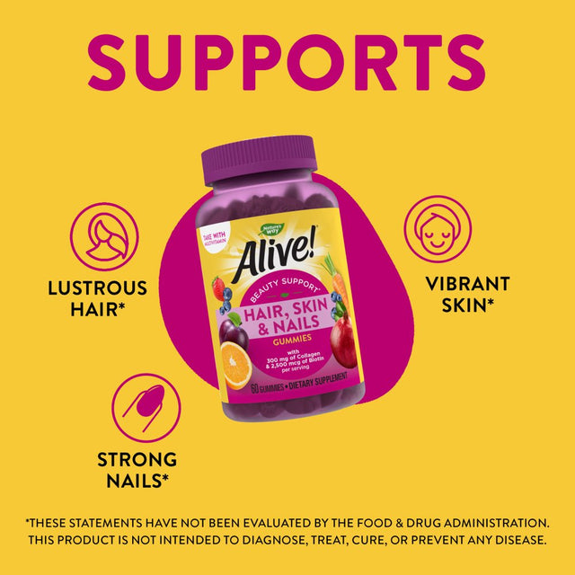 Nature’S Way Alive! Hair, Skin & Nails Gummies, Collagen & Biotin, Antioxidant Vitamins C & E, Strawberry Flavored, 60 Gummies