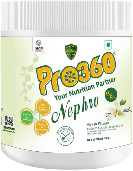 Pro360 Nephro HP - Dialysis Care Nutritional Protein Drink (Vanilla Flavour) No Added Sugar, Special Dietary Supplement for Kidney/Renal Health, 400 Gm